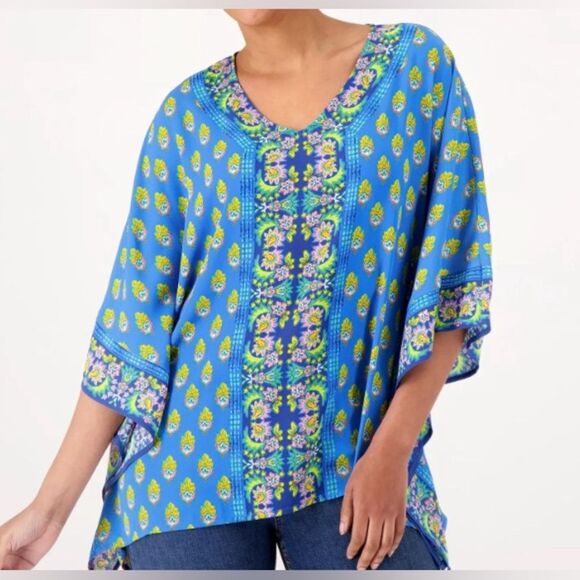Women Belle By Kim Gravel Blue Bright V-Neck Poncho Flowy Blouse Extra Large XL - Picture 1 of 5